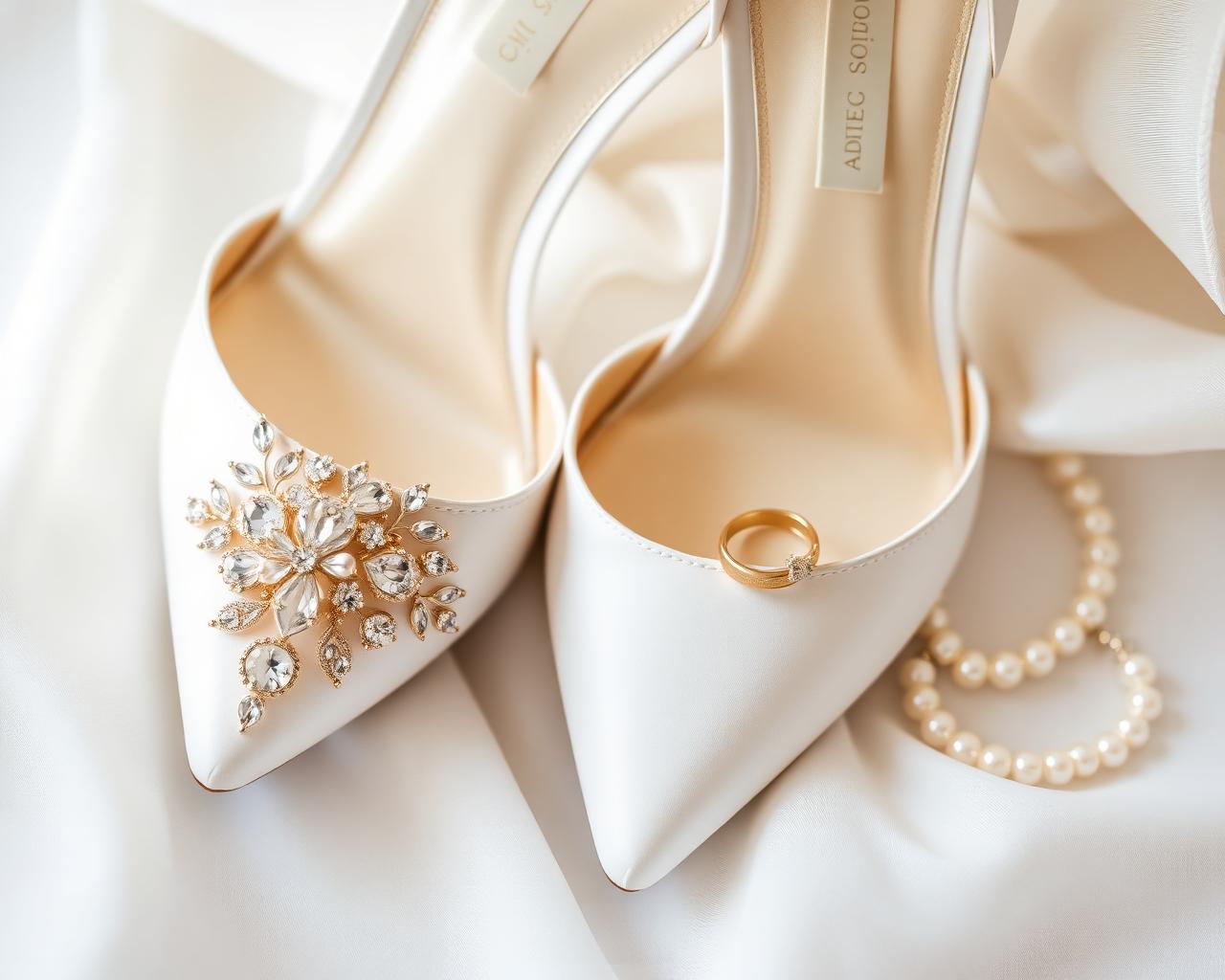 Luxury bridal shoes with crystal embellishments, gold rings and pearl jewellery